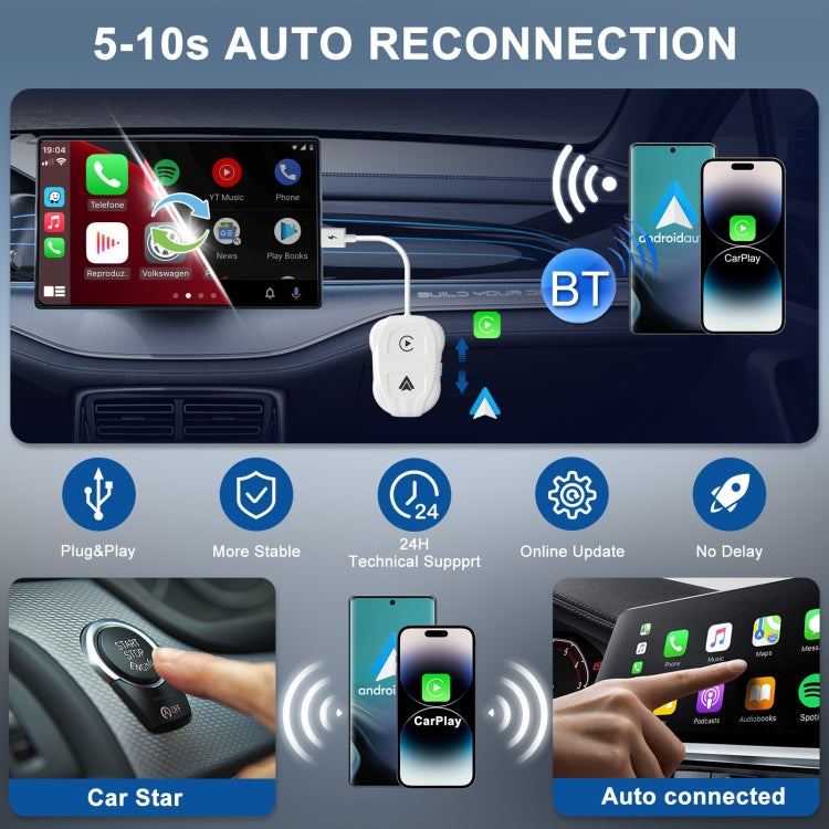 THT-020-9 USB + USB-C / Type-C Wired to Wireless Carplay / Android Auto Adapter(White) - Bluetooth Adapters by buy2fix | Online Shopping UK | buy2fix
