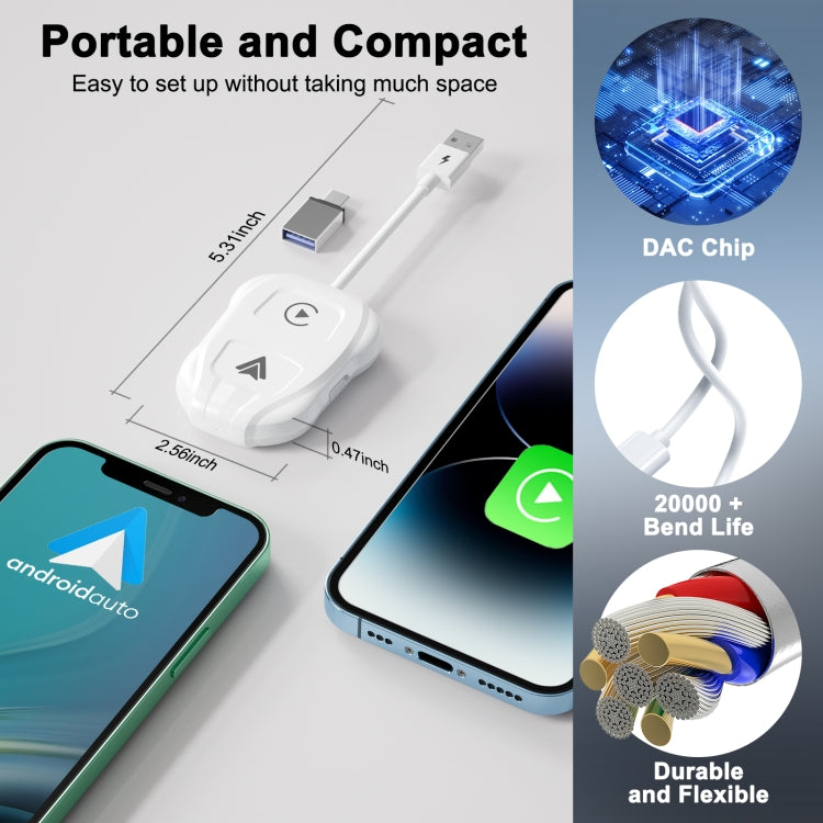 THT-020-9 USB + USB-C / Type-C Wired to Wireless Carplay / Android Auto Adapter(White) - Bluetooth Adapters by buy2fix | Online Shopping UK | buy2fix