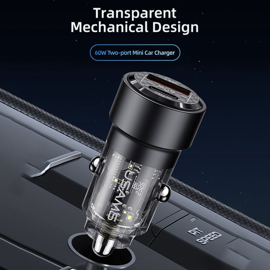 USAMS US-CC208 C39 60W USB + Type-C Dual Port Fast Charging Aluminum Alloy Transparent Car Charger(Black) - Car Charger by USAMS | Online Shopping UK | buy2fix