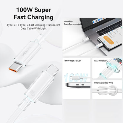 USAMS Type-C To Type-C Aluminum Alloy Clear LED 100W Fast Charge Data Cable, Length:1.2m(White) - USB-C & Type-C Cable by USAMS | Online Shopping UK | buy2fix