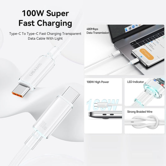USAMS Type-C To Type-C Aluminum Alloy Clear LED 100W Fast Charge Data Cable, Length:1.2m(Black) - USB-C & Type-C Cable by USAMS | Online Shopping UK | buy2fix