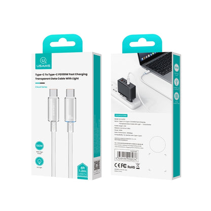 USAMS Type-C To Type-C Aluminum Alloy Clear LED 100W Fast Charge Data Cable, Length:1.2m(White) - USB-C & Type-C Cable by USAMS | Online Shopping UK | buy2fix