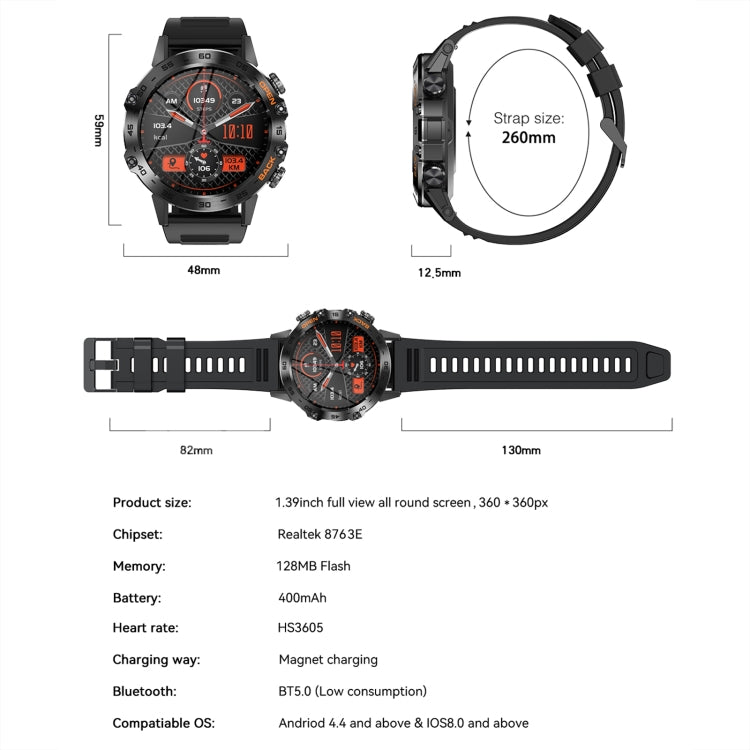 K52 1.39inch BT5.0 Smart Watch Support Heart Rate/ Sleep Detection(Black) by buy2fix