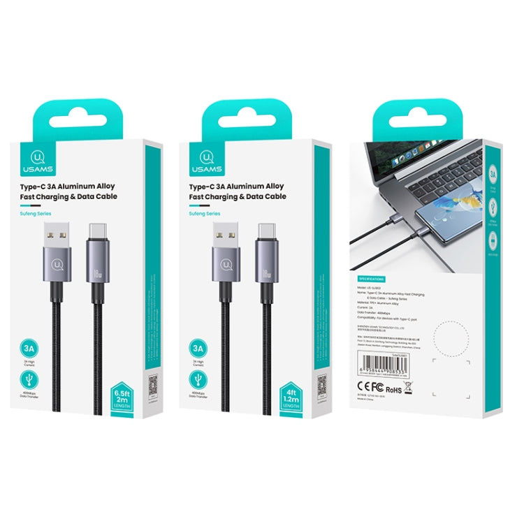 USAMS US-SJ663 USB To Type-C 3A Fast Charge Data Cable, Length: 1.2m(Black) - USB-C & Type-C Cable by USAMS | Online Shopping UK | buy2fix