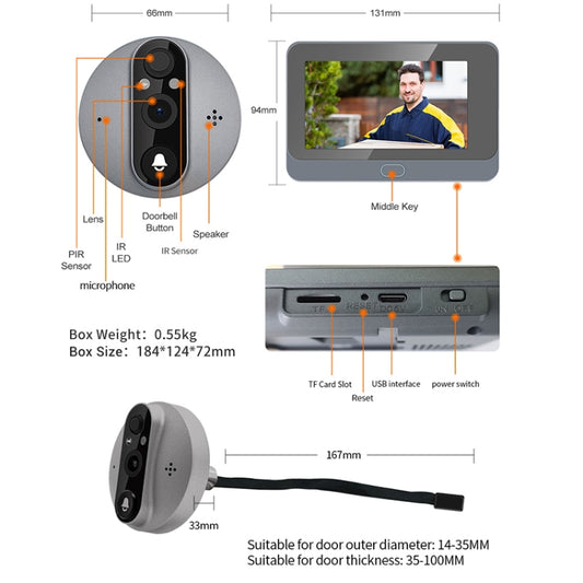 ESCAM C87 1080P 4.3 inch Smart WiFi Digital Door Viewer Supports Wide-Angle PIR & Night Vision & Dingdong Photo(White) - Video DoorBell by ESCAM | Online Shopping UK | buy2fix