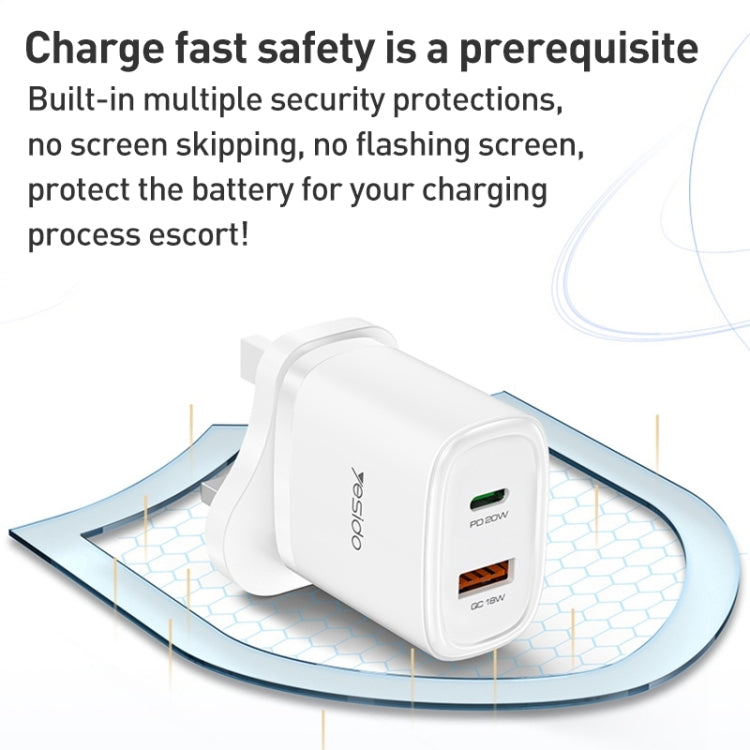 Yesido YC46 PD20W USB-C / Type-C + USB Travel Charger with 1m Type-C to 8 Pin Cable, UK Plug(White) - USB Charger by Yesido | Online Shopping UK | buy2fix