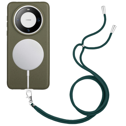 For Huawei Mate 60 Wheat MagSafe Magnetic Straw Material + TPU Phone Case with Lanyard(Army Green) - Huawei Cases by buy2fix | Online Shopping UK | buy2fix