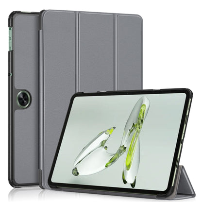For OnePlus Pad Go / OPPO Pad Air2 / Neo Custer Solid Color 3-fold Holder Smart Leather Tablet Case(Grey) - OPPO by buy2fix | Online Shopping UK | buy2fix