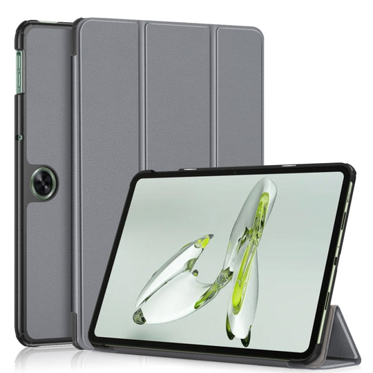 For OnePlus Pad Go / OPPO Pad Air2 / Neo Custer Solid Color 3-fold Holder Smart Leather Tablet Case(Grey)