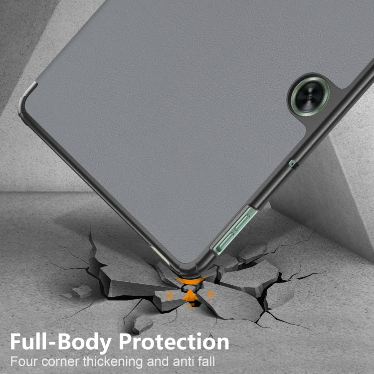 For OnePlus Pad Go / OPPO Pad Air2 / Neo Custer Solid Color 3-fold Holder Smart Leather Tablet Case(Grey) - OPPO by buy2fix | Online Shopping UK | buy2fix