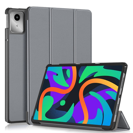 For Lenovo Tab M11/ Xiaoxin Pad 11 2024 Custer Texture 3-Fold Holder Leather Smart Tablet Case(Grey) - Lenovo by buy2fix | Online Shopping UK | buy2fix