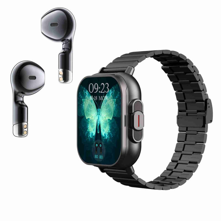 D8 2.01 inch 2 in 1 Bluetooth Earphone Steel Band Smart Watch, Support Health Monitoring / NFC(Black) by buy2fix