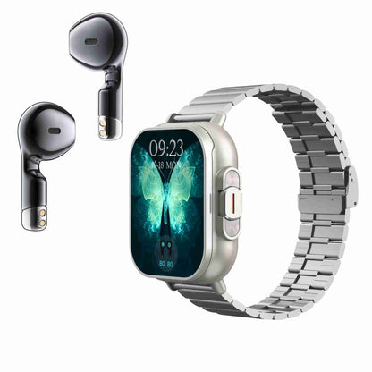 D8 2.01 inch 2 in 1 Bluetooth Earphone Steel Band Smart Watch, Support Health Monitoring / NFC(Silver) by buy2fix