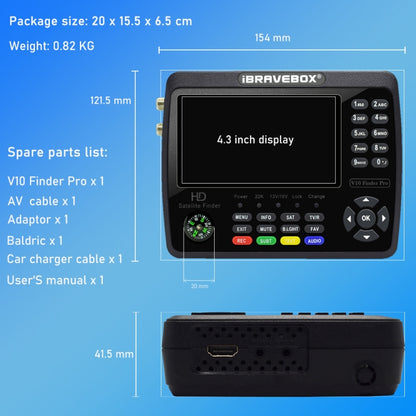 iBRAVEBOX V10 Finder Pro 4.3 inch Display Digital Satellite Meter Signal Finder, Support DVB-S/S2/S2X/T/T2/C, Plug Type:AU Plug(Black) - Satellite Finder by buy2fix | Online Shopping UK | buy2fix