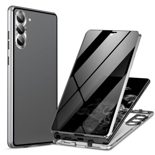 For Samsung Galaxy S24 5G Privacy Full Cover Magnetic Metal Tempered Glass Phone Case(Silver) by buy2fix