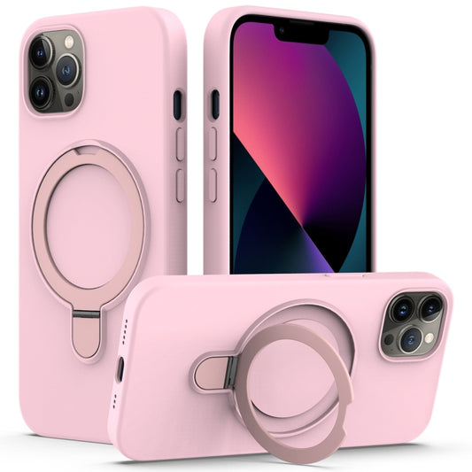 For iPhone 12 Pro Liquid Silicone MagSafe Magnetic Phone Case with Ring Holder(Grey Pink) - iPhone 12 / 12 Pro Cases by buy2fix | Online Shopping UK | buy2fix