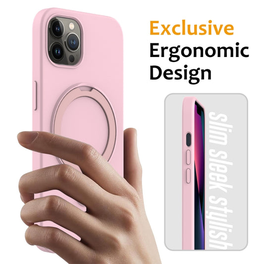 For iPhone 12 Pro Liquid Silicone MagSafe Magnetic Phone Case with Ring Holder(Grey Pink) - iPhone 12 / 12 Pro Cases by buy2fix | Online Shopping UK | buy2fix