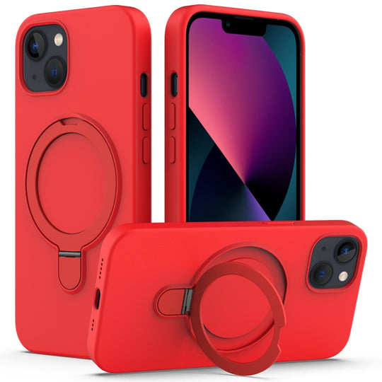 For iPhone 13 Silicone Magnetic Phone Case with Ring Holder(Red)