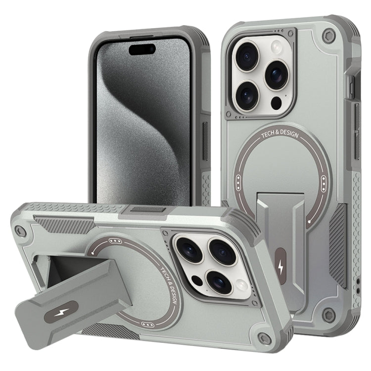 For iPhone 15 Pro Max Armor Magsafe Holder PC Hybrid TPU Phone Case(Grey) - iPhone 15 Pro Max Cases by buy2fix | Online Shopping UK | buy2fix