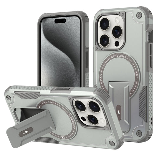 For iPhone 15 Pro Max Armor Magsafe Holder PC Hybrid TPU Phone Case(Grey) - iPhone 15 Pro Max Cases by buy2fix | Online Shopping UK | buy2fix