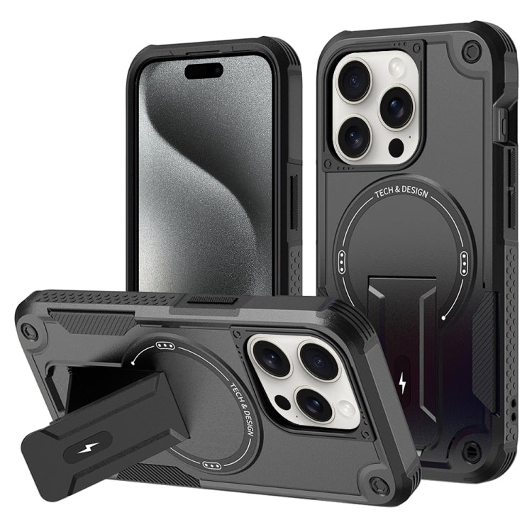 For iPhone 15 Pro Armor Magsafe Holder PC Hybrid TPU Phone Case(Black) - iPhone 15 Pro Cases by buy2fix | Online Shopping UK | buy2fix