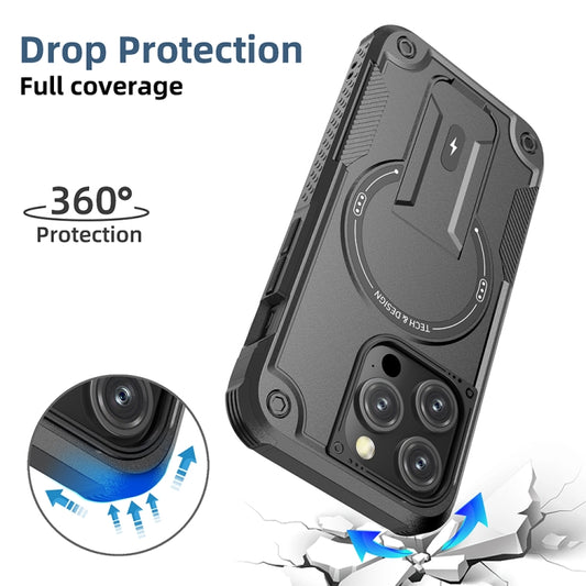 For iPhone 15 Pro Armor Magsafe Holder PC Hybrid TPU Phone Case(Black) - iPhone 15 Pro Cases by buy2fix | Online Shopping UK | buy2fix
