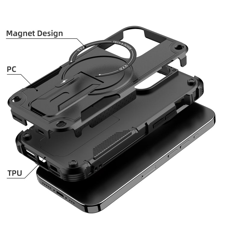 For iPhone 15 Pro Armor Magsafe Holder PC Hybrid TPU Phone Case(Black) - iPhone 15 Pro Cases by buy2fix | Online Shopping UK | buy2fix