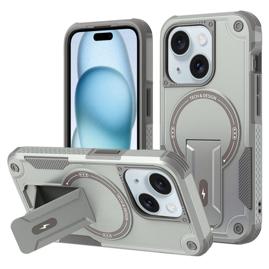 For iPhone 15 Armor Magsafe Holder PC Hybrid TPU Phone Case(Grey) - iPhone 15 Cases by buy2fix | Online Shopping UK | buy2fix