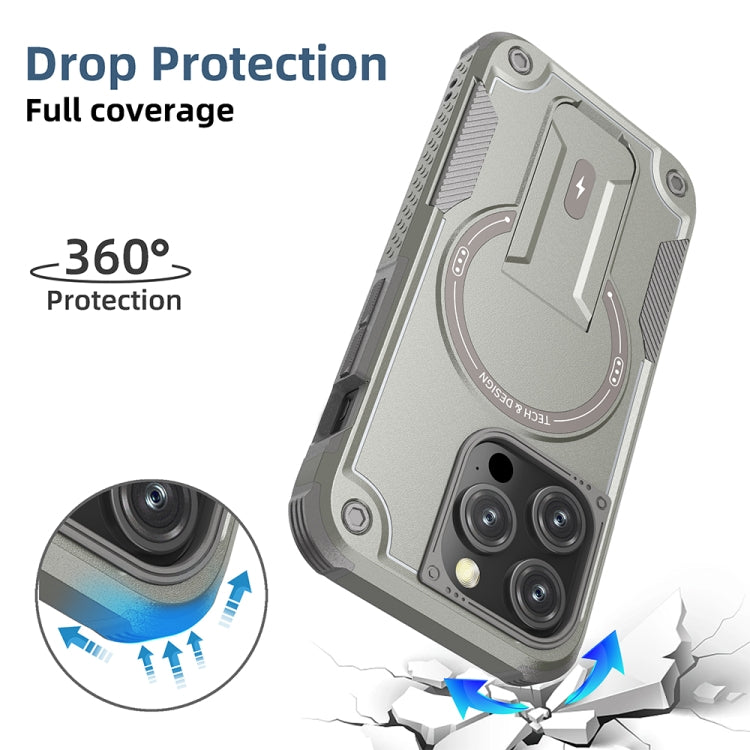 For iPhone 15 Armor Magsafe Holder PC Hybrid TPU Phone Case(Grey) - iPhone 15 Cases by buy2fix | Online Shopping UK | buy2fix