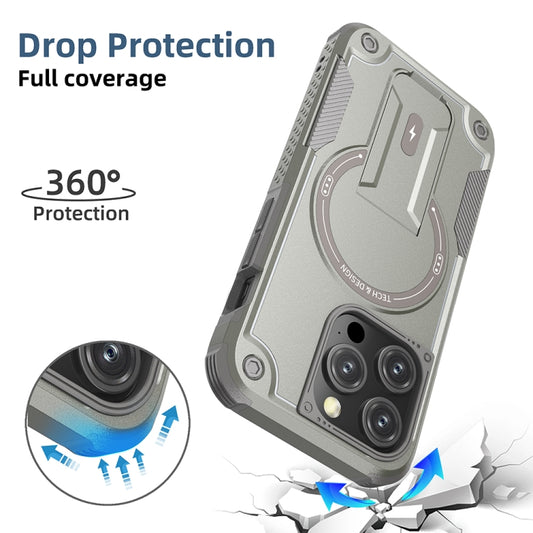 For iPhone 15 Armor Magsafe Holder PC Hybrid TPU Phone Case(Grey) - iPhone 15 Cases by buy2fix | Online Shopping UK | buy2fix