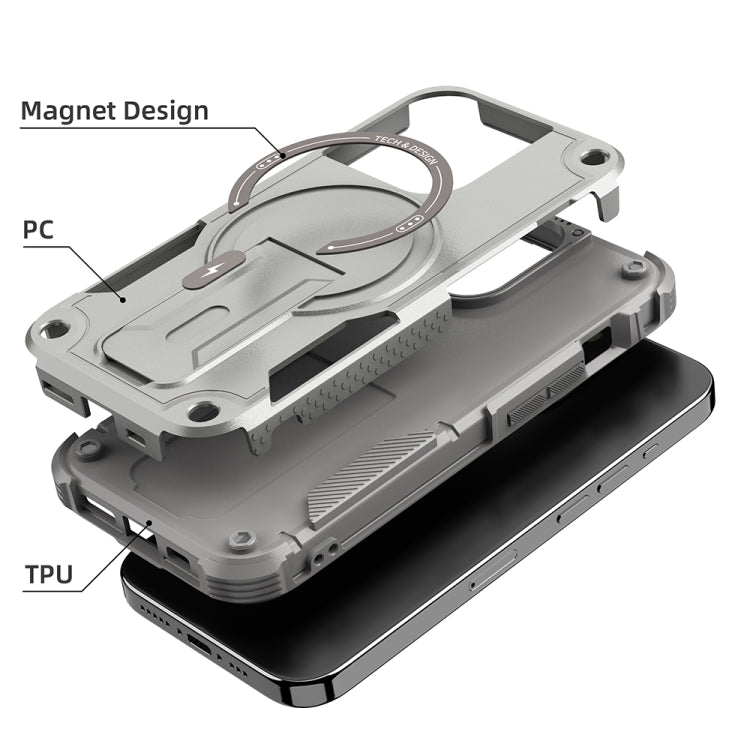 For iPhone 15 Armor Magsafe Holder PC Hybrid TPU Phone Case(Grey) - iPhone 15 Cases by buy2fix | Online Shopping UK | buy2fix