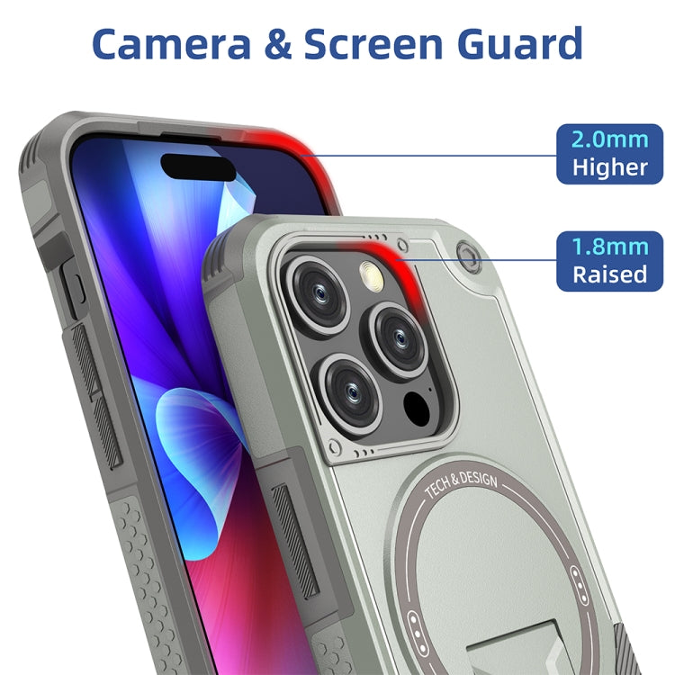 For iPhone 15 Armor Magsafe Holder PC Hybrid TPU Phone Case(Grey) - iPhone 15 Cases by buy2fix | Online Shopping UK | buy2fix