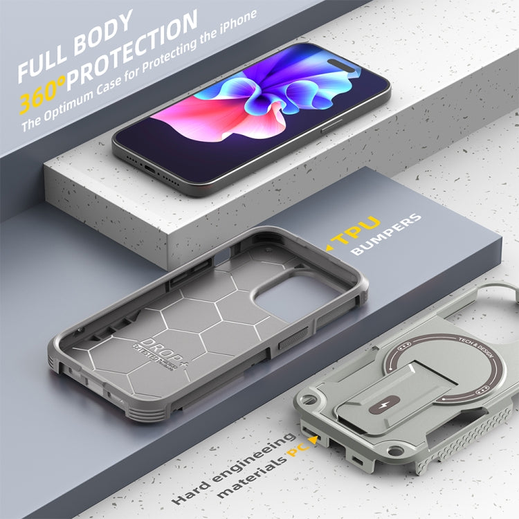 For iPhone 15 Armor Magsafe Holder PC Hybrid TPU Phone Case(Grey) - iPhone 15 Cases by buy2fix | Online Shopping UK | buy2fix
