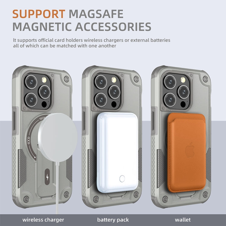 For iPhone 15 Armor Magsafe Holder PC Hybrid TPU Phone Case(Grey) - iPhone 15 Cases by buy2fix | Online Shopping UK | buy2fix