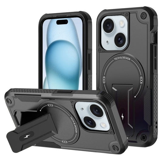 For iPhone 15 Armor Magsafe Holder PC Hybrid TPU Phone Case(Black) - iPhone 15 Cases by buy2fix | Online Shopping UK | buy2fix