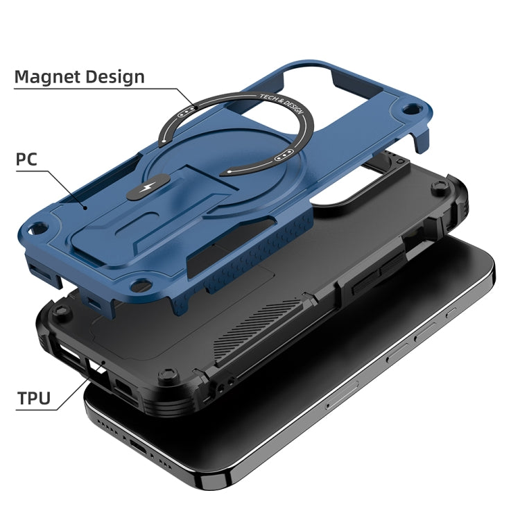 For iPhone 14 Armor Magsafe Holder PC Hybrid TPU Phone Case(Dark Blue) by buy2fix