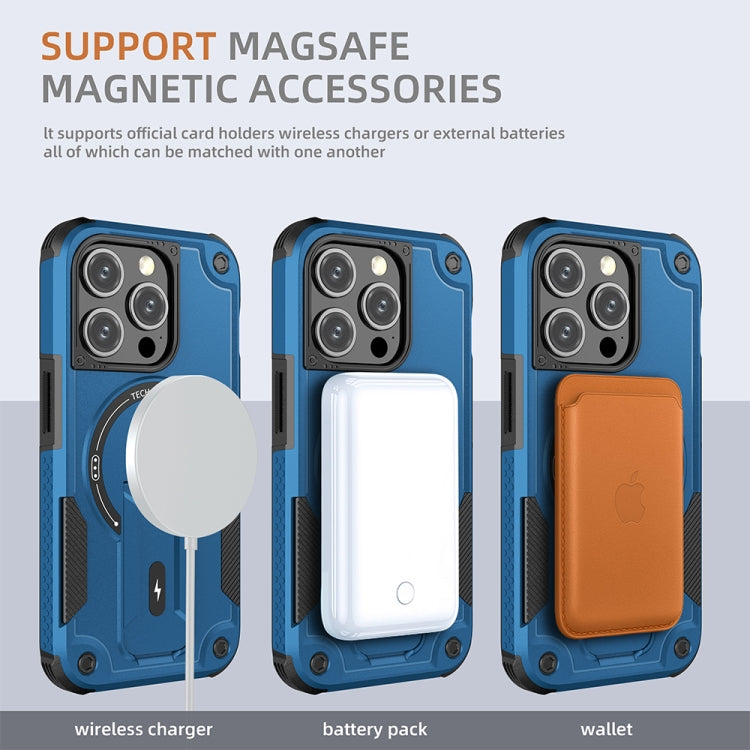 For iPhone 14 Armor Magsafe Holder PC Hybrid TPU Phone Case(Dark Blue) by buy2fix