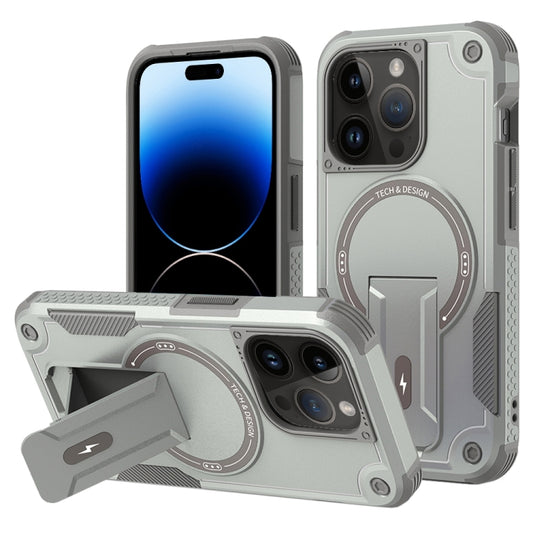 For iPhone 14 Pro Max Armor Magsafe Holder PC Hybrid TPU Phone Case(Grey) - iPhone 14 Pro Max Cases by buy2fix | Online Shopping UK | buy2fix