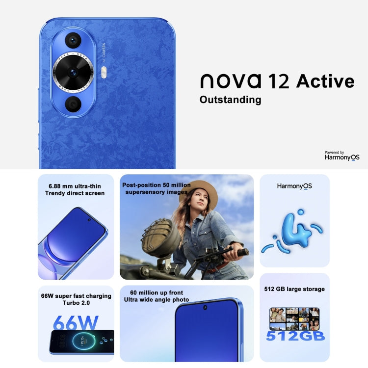 Huawei nova 12 Active, 8GB+256GB, Screen Fingerprint Identification, 6.7 inch HarmonyOS 4.0 Qualcomm Snapdragon 778G 4G Octa Core, Network: 4G, NFC, OTG, Not Support Google Play(Black) by Huawei
