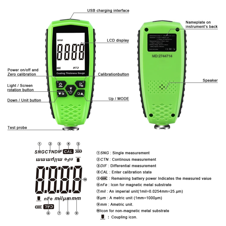 RZ859 Metal Coating Thickness Gauge(Green) - Coating Thickness Gauge by buy2fix | Online Shopping UK | buy2fix