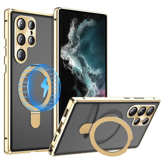 For Samsung Galaxy S22 Ultra 5G MagSafe Magnetic HD Frosted Tempered Glass Holder Phone Case(Gold)