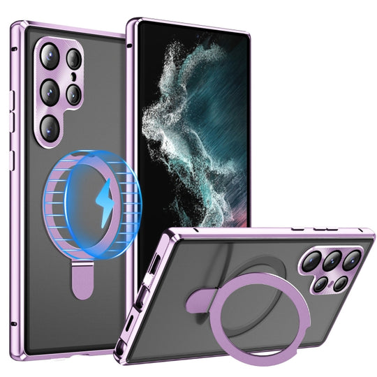 For Samsung Galaxy S22 Ultra 5G MagSafe Magnetic HD Frosted Tempered Glass Holder Phone Case(Purple)