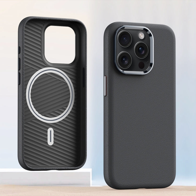 For iPhone 12 Pro Metal Lens Frame Leather Magsafe Full Coverage Shockproof Phone Case(Grey) by buy2fix