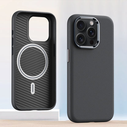 For iPhone 12 Pro Metal Lens Frame Leather Magsafe Full Coverage Shockproof Phone Case(Grey) by buy2fix