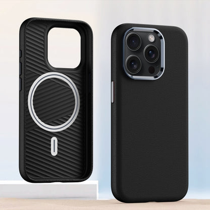 For iPhone 12 Pro Max Metal Lens Frame Leather Magsafe Full Coverage Shockproof Phone Case(Black) by buy2fix