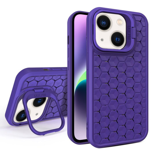 For iPhone 14 Honeycomb Radiating Lens Holder Magsafe Phone Case(Purple) by buy2fix