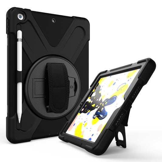 For iPad 10.2 2021 / 2020 / 2019 Shockproof Colorful Silicone + PC Protective Case with Holder & Shoulder Strap & Hand Strap & Pen Slot(Black) by buy2fix