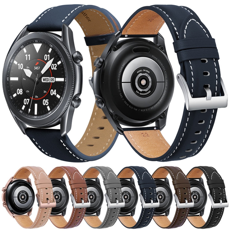 For Samsung Galaxy Watch3 45mm Leather Silver Buckle Watch Band(Black) - Watch Bands by buy2fix | Online Shopping UK | buy2fix