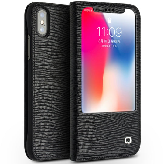 For iPhone X / XS QIALINO Lizard Texture Horizontal Flip Leather Case with Smart View Window & Sleep / Wake-up Function(Black)