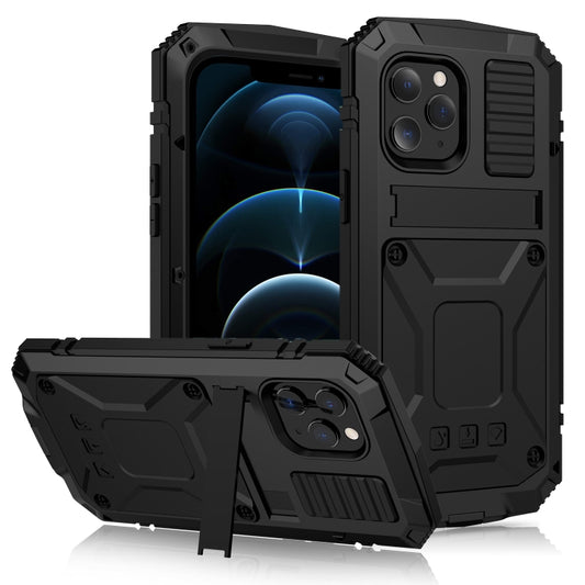 For iPhone 12 Pro Max R-JUST Shockproof Waterproof Dust-proof Metal + Silicone Protective Case with Holder(Black) - iPhone 12 Pro Max Cases by R-JUST | Online Shopping UK | buy2fix